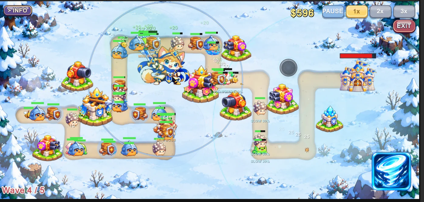 A battle on a snow map with frozen enemies